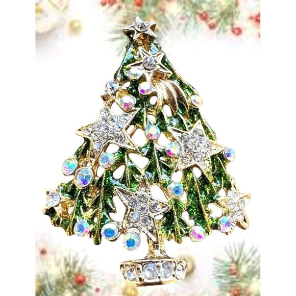 Christmas Tree Brooch Pin New Aurora Borealis Rhinestones Stars Northern… - Picture 1 of 12